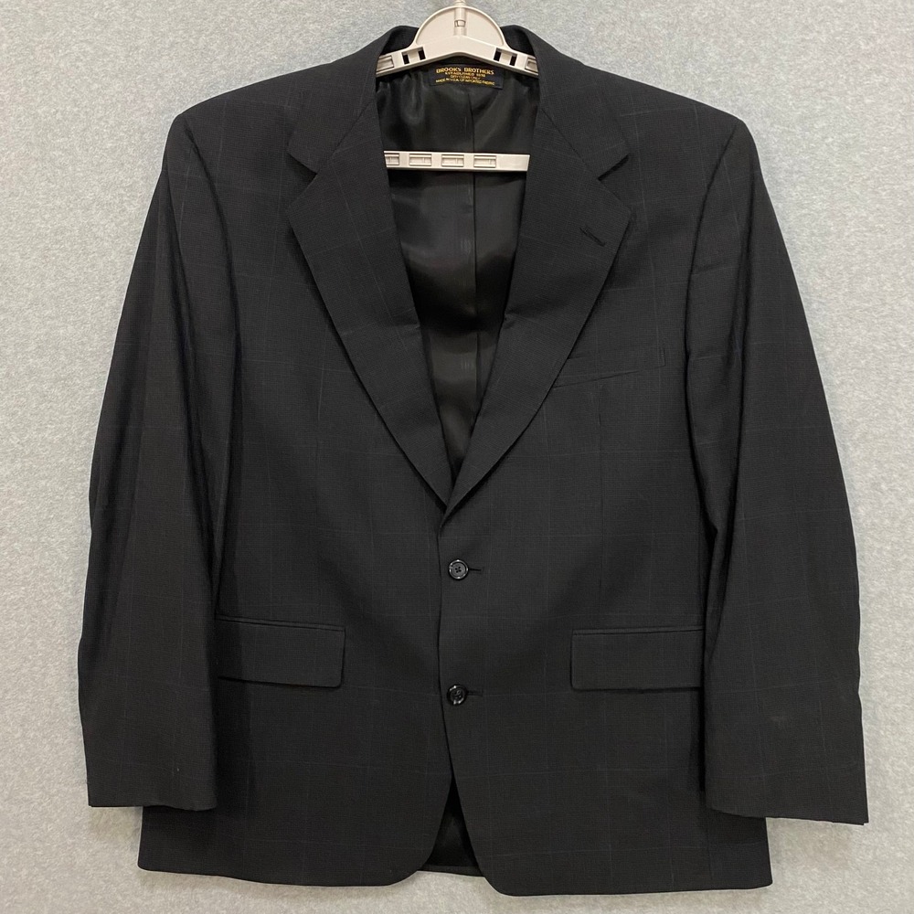 BROOKS BROTHERS Mens Blazer 46R Black Check Wool‎ Two Button Jacket Made in USA